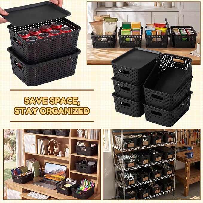 12 Pack Plastic Storage Baskets with Lids Stackable Organizing Bins Storage Baskets Organizers and Containers for Closet, Pantry, Office, 10.2 x 7.2 x 4.1 Inches(Black) - Image 7