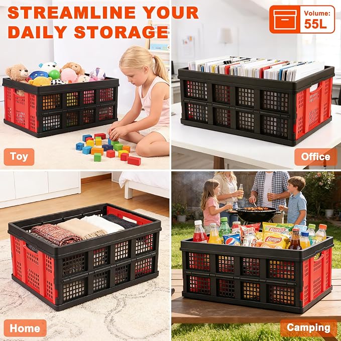 55L Collapsible Storage Bins with Handle 3 Packs, | Stackable Platic Storage Crates for Organizing Tools, Books, Food, Drinks, Camping & Home - Image 7