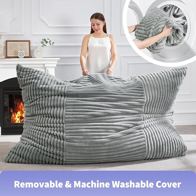 Hobestluk Adult Bean Bag Chair 3 in 1 Convertible Large Bean Bag Sofa | Striped Turquoise Grey,Machine Washable,Removable Cover,Easy Convert And Install, Floor Bed,For Livingroom Bedroom - Image 8