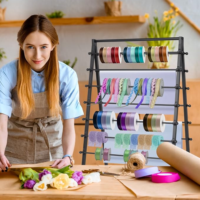 ikare Ribbon Organizer,Double-Sided Ribbon Holder for Craft Room | Ribbon Holder,15 Tier Ribbon Holder Organizer Rack, Gift Wrapping Craft Ribbon Storage Shelf Cake Shop Flower Store - Image 2
