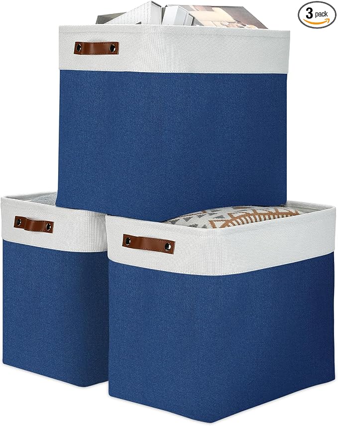 DULLEMELO 51L Large Baskets for Storage, Large Rectangular Baskets for Shelves [3 Pack], Blanket Basket Dog Basket for Organizing Closet, Nursery, Clothes (White&Blue) by DULLEMELO