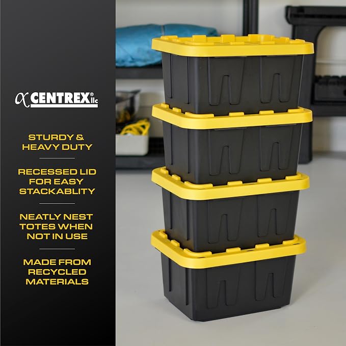 BLACK & YELLOW 5-Gallon Stackable Plastic Storage Bins with Lids, 4 Pack | Small heavy-duty storage totes for garage, closet, classroom & home organization, 8.6H x 12.3W x 16.4D, Black & Yellow, - Image 5