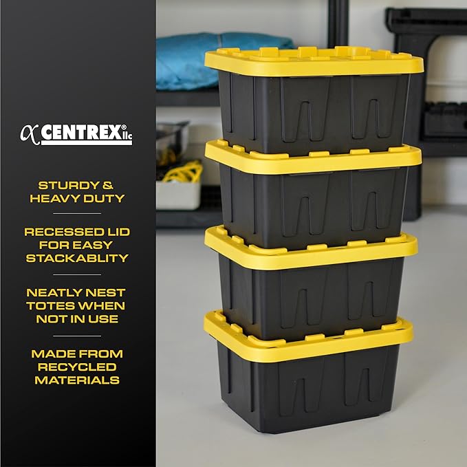 BLACK & YELLOW 5-Gallon Stackable Plastic Storage Bins with Lids, 4 Pack | Small heavy-duty storage totes for garage, closet, classroom & home organization, 8.6H x 12.3W x 16.4D, Black & Yellow, - Image 5