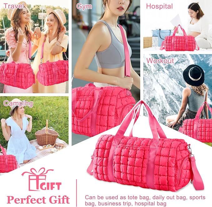 Quilted Travel Duffle Bag Gym Bag for Women,Large Puffer Duffle Weekender Bag with Compartment,Workout Overnight Carry on Organizer Bag Duffle Bag for Airplane Travel(Rosered) - Image 6