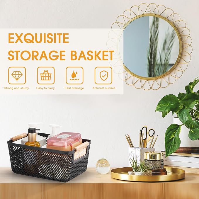 Tioncy 4 Pcs Plastic Mesh Baskets with Wood Handle Woven Mesh Storage Organizer Bins Multi-function Rectangle Baskets for Home Pantries Shelves Closet Kitchens Bedrooms(12.01 x 8.03 x 5.59 Inches) - Image 4