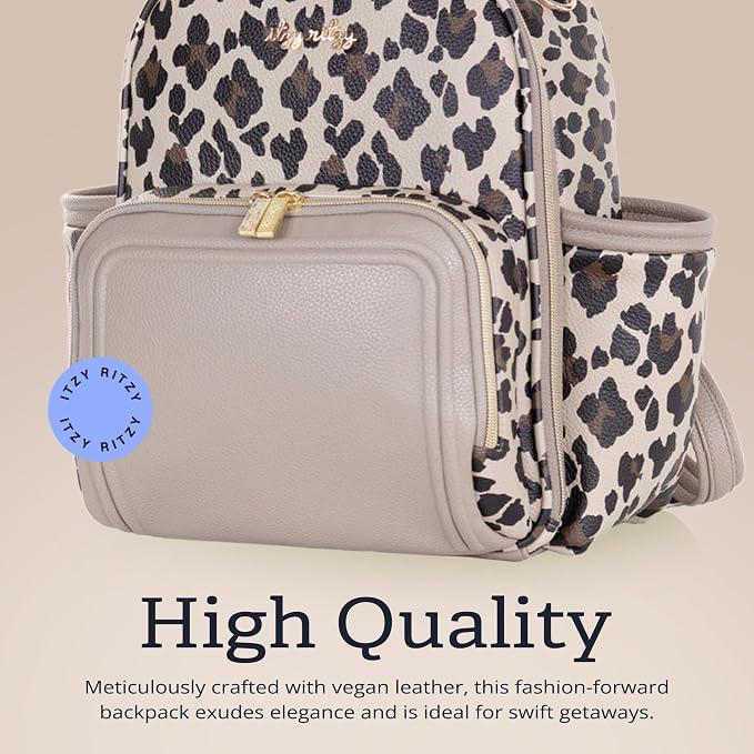 Itzy Ritzy Mini Diaper Bag Backpack - 10 Pockets w/Changing Pad (Leopard) | Chic Mini Plus Diaper Bag with 2 Insulated Bottle Pockets, Key Lanyard, Wipeable Changing Pad, Grab-Top Handle & Rubber Feet - Image 6