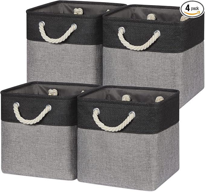 Temary Storage Baskets 4 Pack Fabric Storage Cubes Basket for Organizing, Collapsible Cloth Baskets with Handles for Shelves, Home, Closet (Black&Gray) by TEMARY