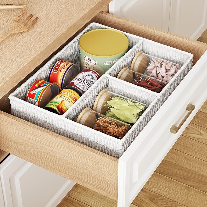 Wicker Divided Storage Basket, White Wicker Baskets, Basket for Shelves Drawer Organizing, 3 Section Rectangular Woven Storage Baskets, 2-Pack - Image 5