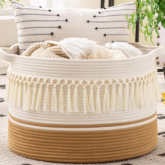 KAKAMAY Large Blanket Basket (20"x13"),Woven Baskets for storage Baby Laundry Hamper, Cotton Rope Blanket Basket for Living Room, Laundry, Nursery, Pillows, Baby Toy chest (White Fringe) | Extra Large Capacity | Natural Cotton Rope | Blanket Storage | ... by KAKAMAY