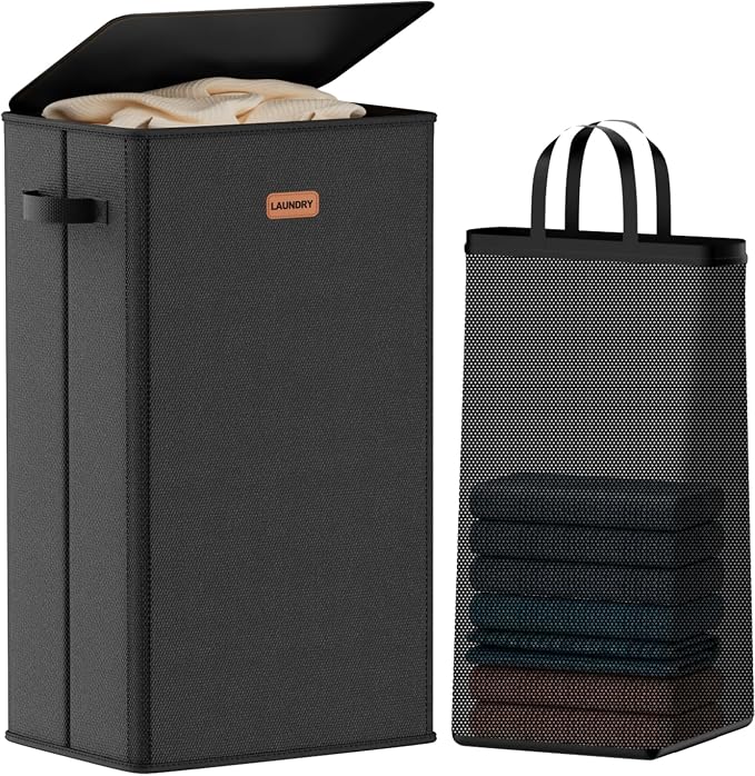 100L Laundry Hamper with Lid, Large Clothes Hampers with Removable Bag, Collapsible Laundry Basket for Bathroom, Bedroom, Laundry Room, Dorm, Black by Vexalora