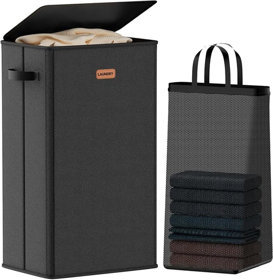 100L Laundry Hamper with Lid, Large Clothes Hampers with Removable Bag, Collapsible Laundry Basket for Bathroom, Bedroom, Laundry Room, Dorm, Black by Vexalora