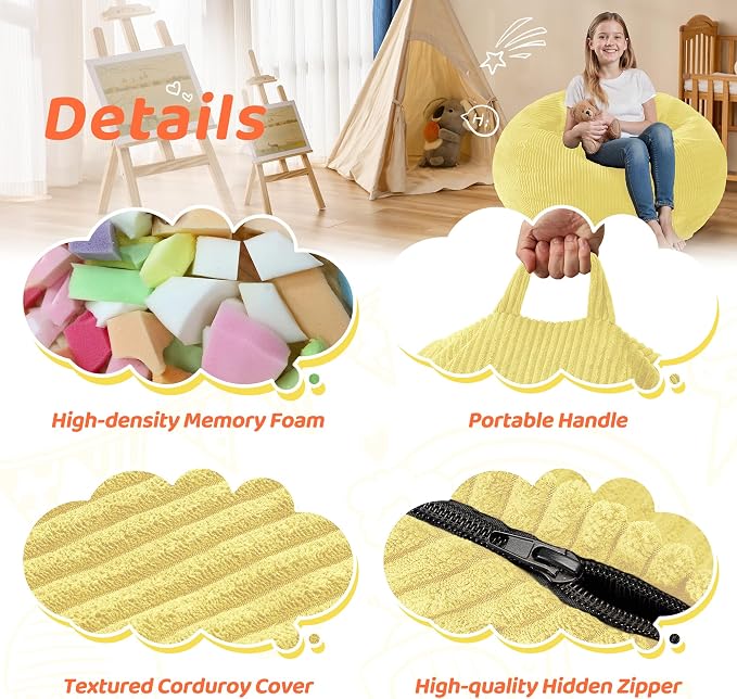 2FT Bean Bag Chair: 2' Small Bean Bags with Memory Foam Filled | Beanbag Chairs with Handle,Teardrop Bean Bag Sofa with Corduroy Machine Washable Cover for Living Room,Bedroom-Yellow - Image 5