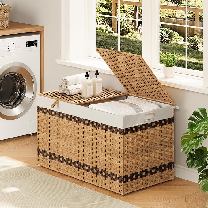 HOOBRO Storage Basket with Lid, 42.3 Gallon (160L) Wicker Storage Basket with 2 Separate Lid, Blanket Storage Bin with 2 Removable Liner Bags, for Bedroom, Laundry, Natural and Brown NL276CW01 - Image 2