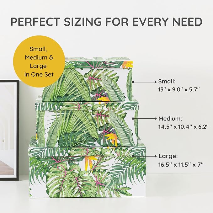 Soul & Lane - Tropical Breeze Decorative Storage Boxes with Lids, Set of 3 | Large Nesting Keepsake Boxes for Photos and Gifts, Green Jungle Leaves Palm Tree Containers, Hawaiian Beach Theme Decor - Image 2