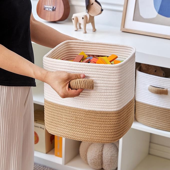 R RUNKA Storage Cube Baskets for Organizing -3 Pack -11 inch Square Baskets for Cube Storage, Closet Storage Bins-Woven Cube Storage Bins for Shelves- Ideal for Toy Storage |White & Khaki - Image 5