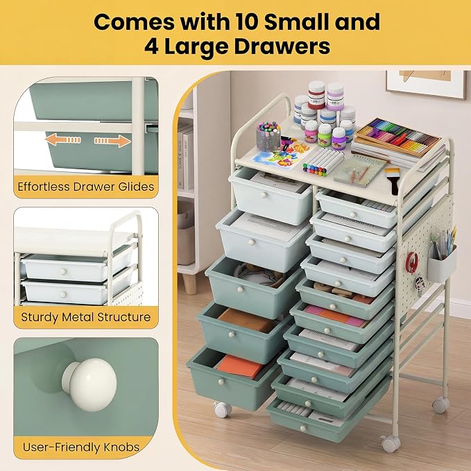 DREAMADE 15-Drawer Rolling Storage Cart, Craft Cart, Gradient Green | Mobile Utility Cart with Metal Pegboard Panels, Tabletop and Lockable Wheels for Classroom, Office, Studio and Playroom - Image 4