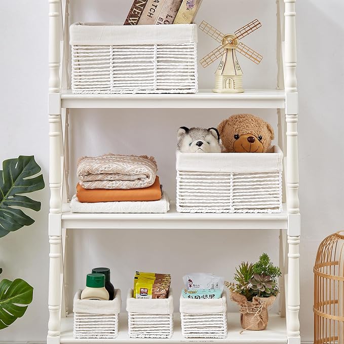 Wicker Storage Basket, Hand-Woven Paper Rope Woven Baskets, Rectangular Small Wicker Baskets for Organizing, Cube Storage Bins for Closet/Clothes/Dresser, White, 5-Pack - Image 3
