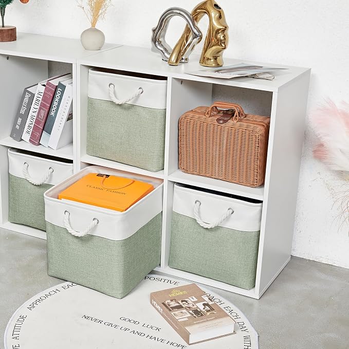 13 Inch 6 Pack Foldable Fabric Storage Cubes with Handles | Home Cube Storage Basket,Large Cube Storage Bins,Closet Storage, Home Organizer(White&Green) - Image 5