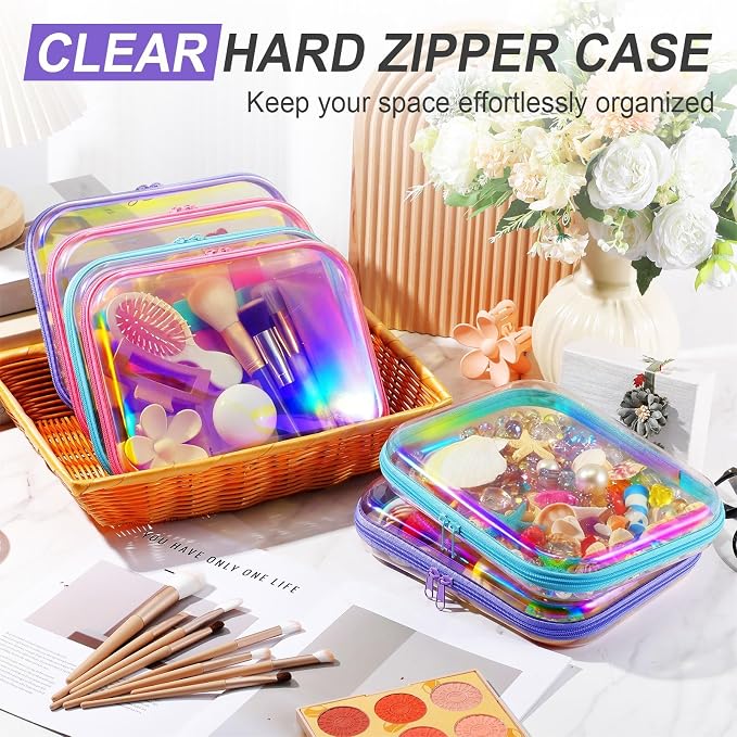 Sanwuta 6 Clear Hard Zipper Case,Holographic,9.84 X 7.87 X 2 Inch | Pencil Case Pouches ,Makeup Bag,Plastic Toiletry Diaper Bag ,Travel Toy Storage,Waterproof Organizer Bins - Image 5