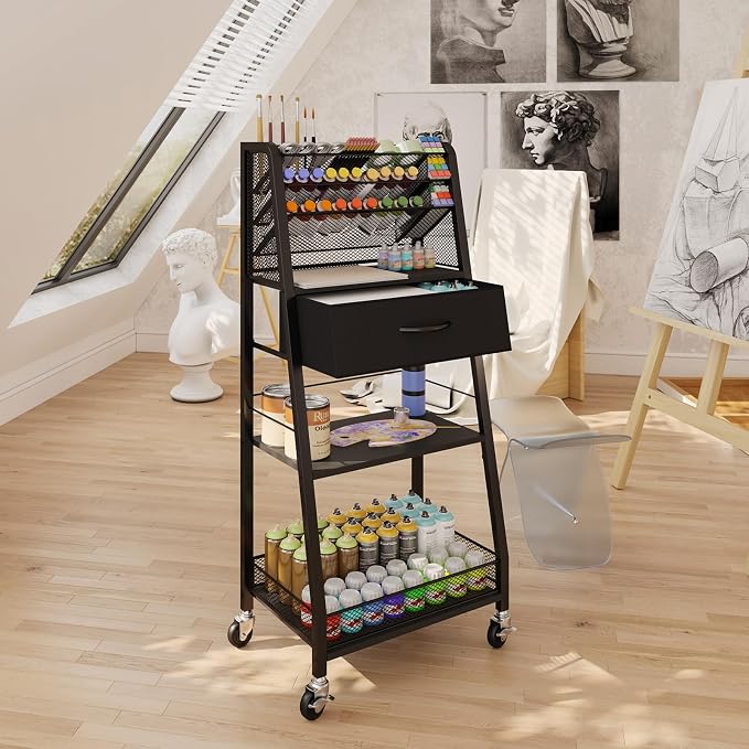 3 Tier Rolling Cart - Metal Utility Cart with Storage Drawer and Wheels, Versatile Art & Craft Organizer for Home, Office, or Studio - Ideal for Storing Brushes, Paints, and Supplies（Black） - Image 4