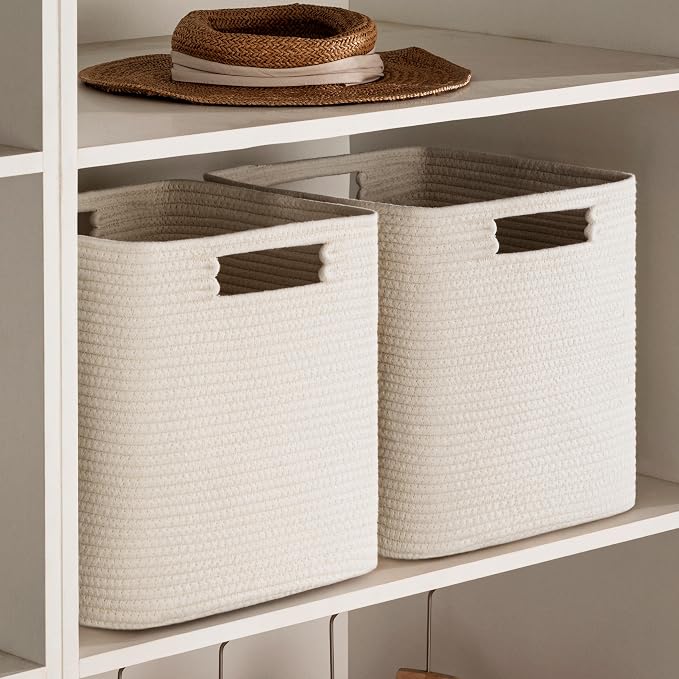 UBBCARE Set of 3 Cotton Rope Basket 11 X 10.5 X 10.5 Inches, Woven Storage Baskets for Shelves, Organizing with Handles, Cube Storage Bins for Storage Books, Magazines, Beige - Image 6