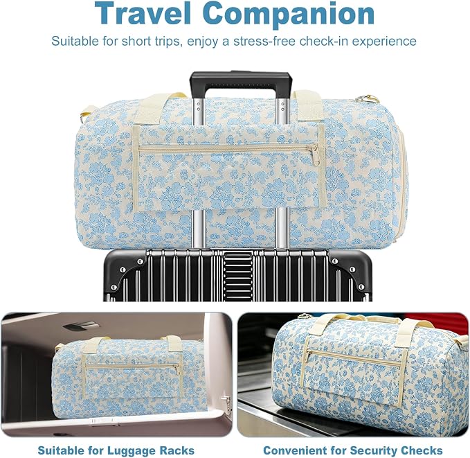 Floral Quilted Duffle Bag, Weekender Travel Bag for Women | Floral Quilted Duffle Bag for Women, Spacious Weekender Travel Bag with Separate Shoe Compartment and Multi Pockets - Image 5