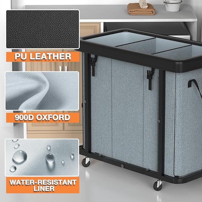 Laundry Basket with Wheels, 230L(60Gal) Laundry Sorter 3 Section - Gray | Leather Patchwork Laundry Hapmer, Sturdy Metal Frame, Removable Washable Bag, Tall Clothes Sorter for Bedroom - Image 2