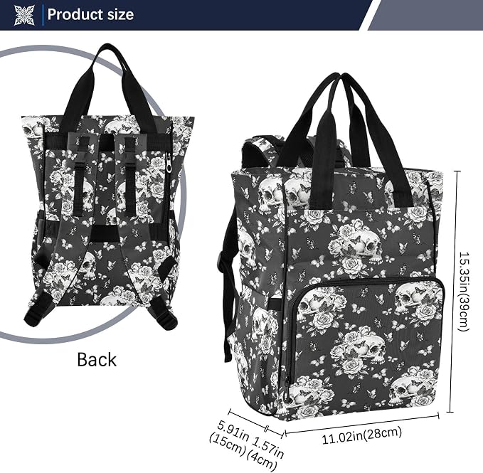 MNSRUU Diaper Bag Goth Skull Butterdlies Diaper Bag Backpack Multifunction Travel Diaper Bag Tote Large Capacity Diaper Changing Backpacks for Moms Dads - Image 3