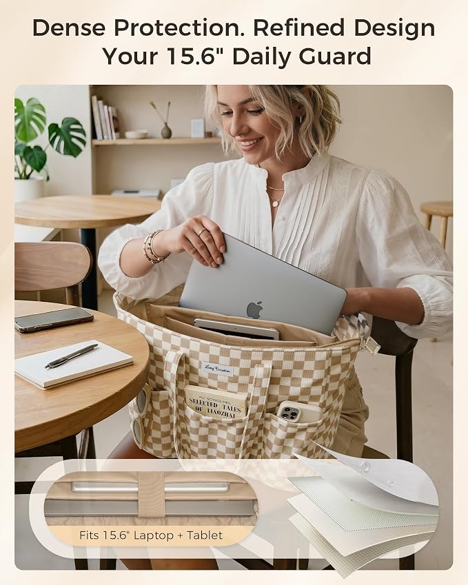 LONG VACATION Corduroy Tote Bag for Women, 16 Pockets Large Work Laptop Bag | 15.6" Laptop Compartment, 40oz Cup Holder, Lightweight, Washable, Teacher Nurse Bag for Office School Travel Gym College - Image 5