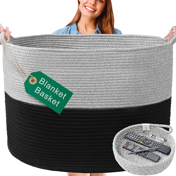 Huddle XXXXL WASHABLE Jumbo 125L Blanket Basket for Living Room, Toys, Baby | Woven Decorative Cotton Rope Black Grey Big Basket+Mini Basket for Nursery, Dog Toys, Storage, Organization Bins 24x17in by HuddleSupplyCo