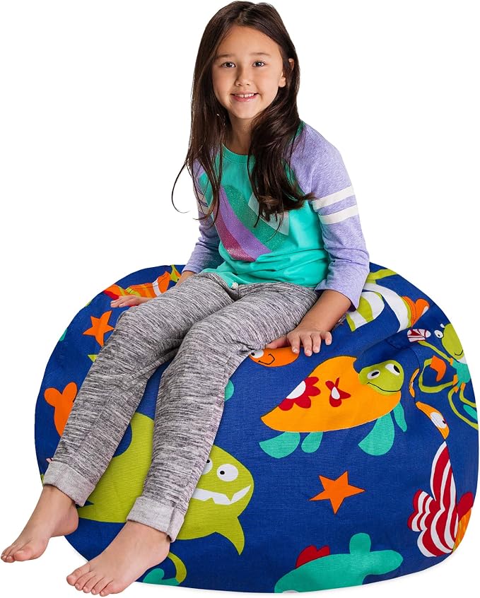 Posh Stuffable Kids Stuffed Animal Storage Bean Bag Chair Cover - Childrens Toy Organizer, Large-38 - Canvas Sea Creatures on Blue - Image 3