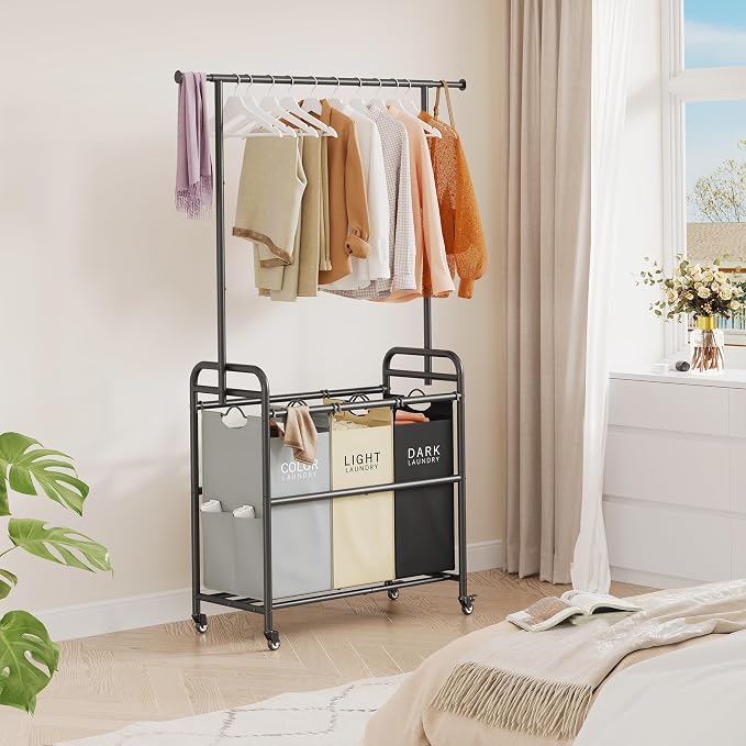 Laundry Sorter Cart with Hanging Clothes Rack, 3 Section, 3 Colors | 135L Laundry Sorter Hamper Cart with Heavy Duty Rolling Lockable Wheels and Removable Bags for Laundry Room, Apartment - Image 8