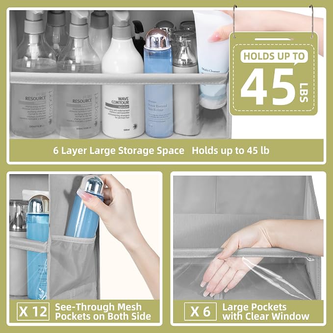 Over Door Organizer with 6 Extra Large Pockets 12 Side Pockets, Sturdy Closet Storage Rack, Hanging Storage Organizer with Clear Window for Shoes, Diapers, Bedroom, Bathroom, Grey - Image 3