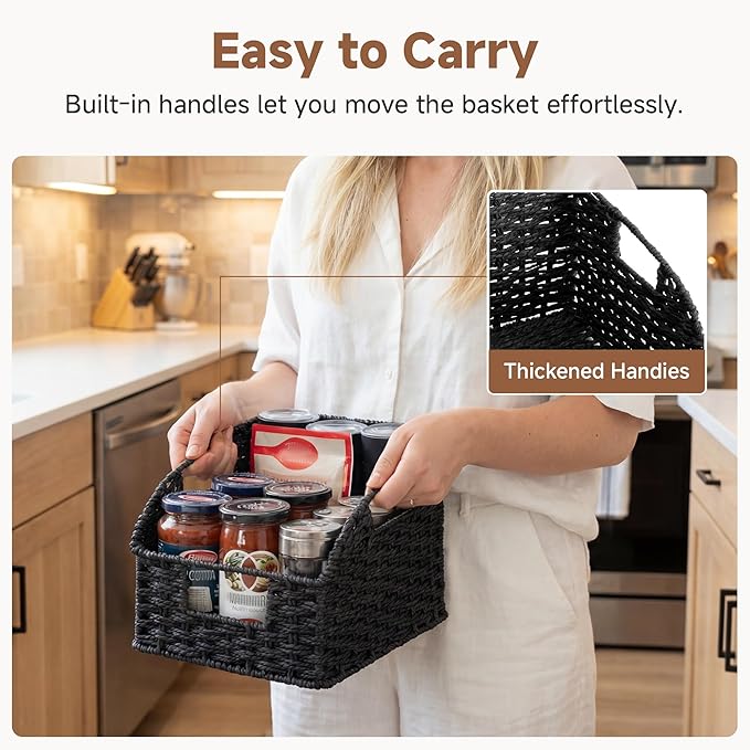 StorageWorks Pantry Organizers and Storage, Black Wicker Baskets, 2-Pack | Paper Rope Wicker Baskets with Handles, Handwoven Pantry Baskets for Shelves,Wicker Storage Baskets for Shelves,Black Baskets - Image 3