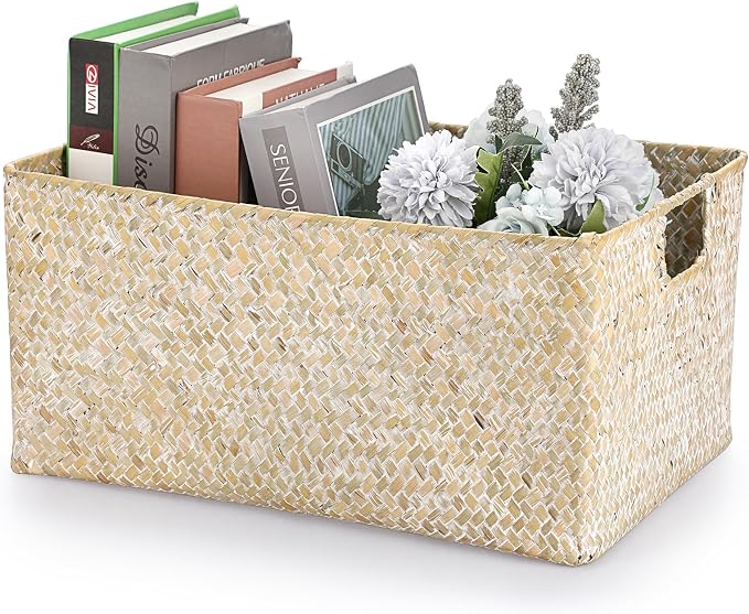 Hipiwe Wicker Shelf Baskets Seagrass Storage Opened Baskets Bin with Handle | Rectangular Closet Bedroom Basket Organizer Box, Multipurpose Woven Basket Home Organizer, Whitewash 14.6"x 10.6" x 7.1" - Image 8