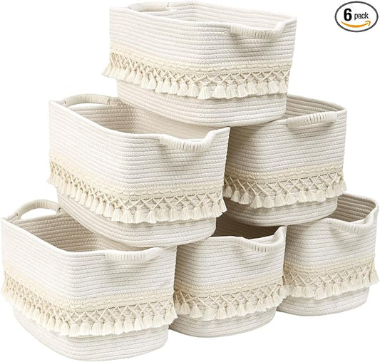 6 Pack Storage Basket for Shelves, Boho Cotton Rope Storage Bins with Heavy Tassel, Shelf Baskets Large Woven Baskets for Organizing, Cube Organizer Bins, Baby Laundry Basket for Clothes, Toys, Pets by Degeyoyo