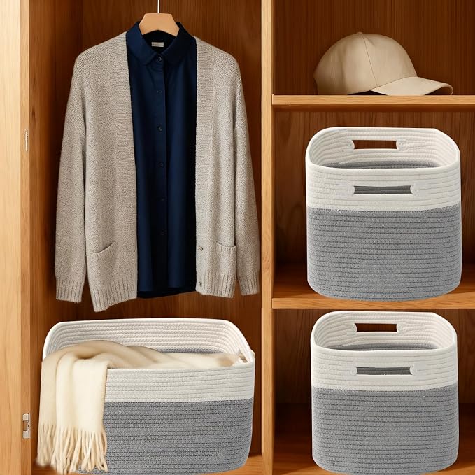3 Pack Woven Baskets,Storage Baskets for Shelves with Handles | 13.5"×11"×9.5", Closet Baskets, Nursery Organizer for Toys Towels Books, Storage Bin for Living Room Bedroom (White & Grey) - Image 8