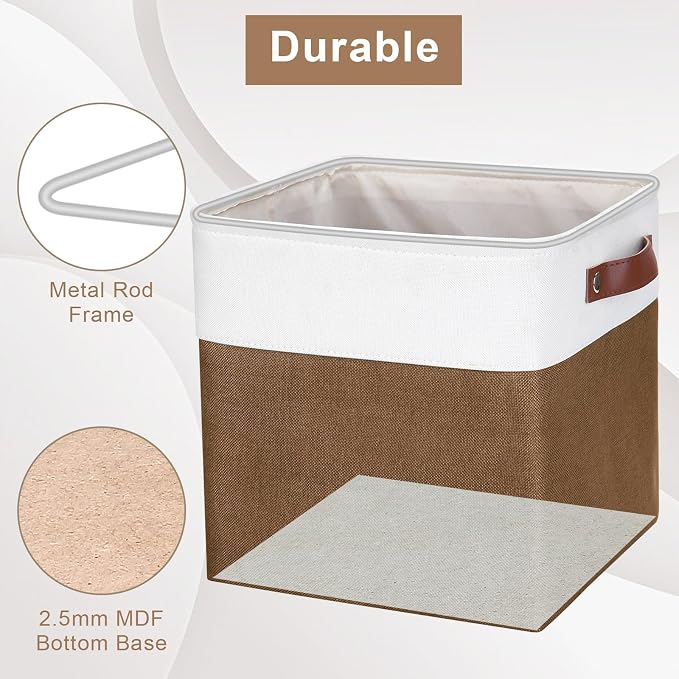 Collapsible Fabric Storage Cubes 11x11 Cube Storage Bins, 4 Pack Closet Baskets Box with Handles for Organizing, Shelf, Toys, Clothes, Home, Office, Nursery (Brown&White) - Image 5