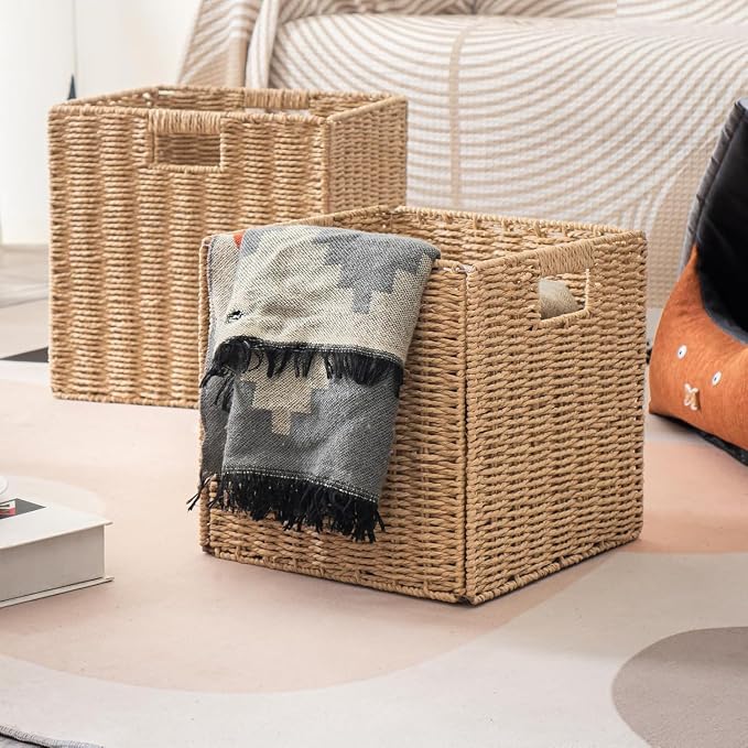 13x13x13 Storage Cube Bins Set of 4, Paper Rope Hand Woven Storage Basket with Handles, Collapsible Square Storage Cubes for Shelves, Wicker Shelf Baskets for Living Room Bedroom Organizing, Natural - Image 7