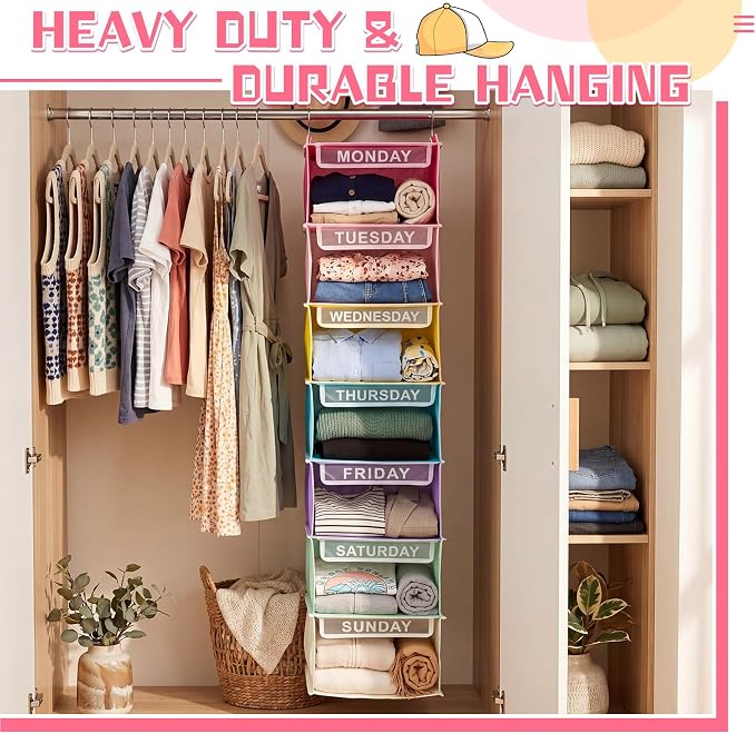 2 Pcs 7 Shelf Weekly Clothes Organizer for Kids Hanging Closet Organizer 11. 8 x 11. 8 x 50 Inch Daily Activity Kids Clothes Storage Drawers Cube Drawers Closet Hanging Shelves (Pastel Color) - Image 5