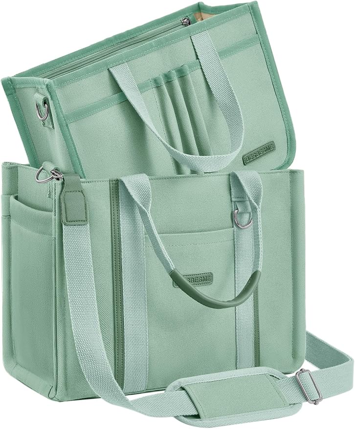 BESBESME Women’s Canvas Tote Bag with Zipper and Compartments – Multi-Pocket Laptop Work Crossbody Shoulder Tote Purse by BESBESME