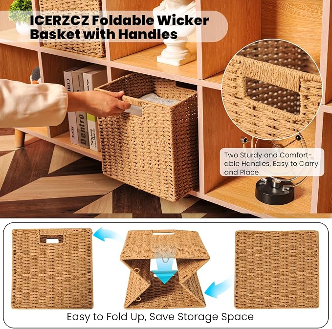 ICERZCZ Wicker Storage Cube Bins for Shelves Closet, Paper Rope Woven Baskets for Storage, Cube Storage Organizer Bin, 11"x10.25"x11", 2 Packs, Yellow - Image 6