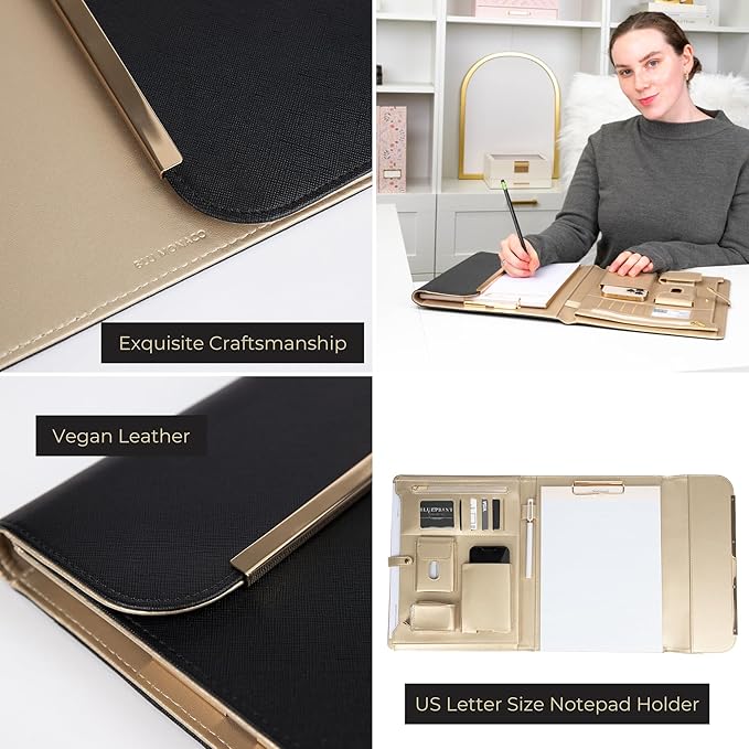 BLU MONACO | Black Vegan Leather Portfolio Binder for Women | Professional Padfolio with Magnetic Closure & Gold Trim | Business Organizer Case for Documents & 8.5 x 11 Notepad - Image 6