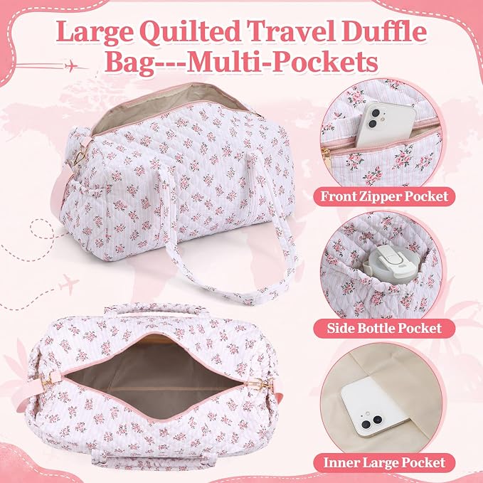 Dansydaisy Quilted Weekender Bag for Women with Makeup Pouch, Pink Floral | Large Duffle Bag, Trolley Compartment & Zipper Pocket, Adjustable Carry Strap, for Mommy Dancers Travel Gym Hospital - Image 2