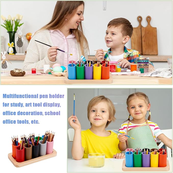 Wooden Colored Pencil Holder, Crayon Storage Organizer | with 10 Movable Compartments Pen Cups Holder for Kids Desk Office Home School Supply - Image 7