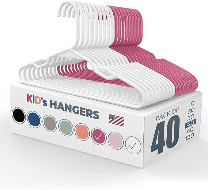 Plastic 12” Kids Hangers 40 Pack – Made in the USA – 5lb Capacity Baby & Toddler Clothes Hangers with Notches & Reinforced Edges – Fits Children’s Sizes Up to 8 – White & Pink by NeatiesHangers