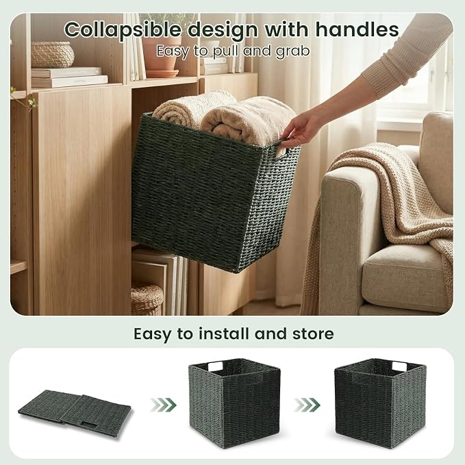 Set of 2 Hand-Woven Paper Rope Wicker Baskets, Storage Basket, Foldable Cube Storage Bins, Green Storage Cubes, Square Baskets for Organizing Shelves, 12x12x12in - Image 4