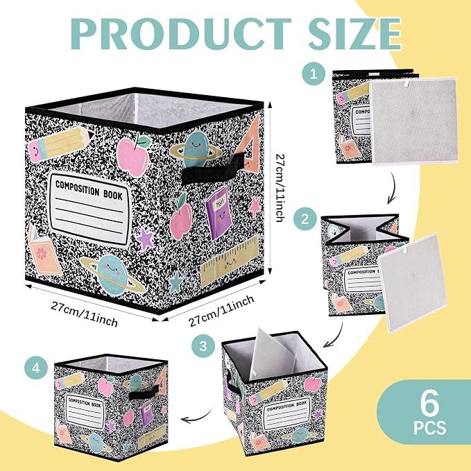 CroBlissful 6 Pcs 11" Composition Notebook Fabric Classroom Storage Cube Bins Foldable Pastel Book Cubby Bins Storage Baskets with Handles for Back to School Decoration Office Home Nursery Organizer - Image 2