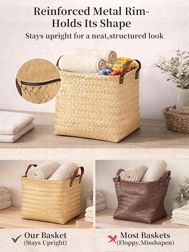 Wicker Storage Baskets, 4 Pack Woven Baskets for Shelves, Yellow | PP Rattan, Water-resistant Wicker Basket, Large Baskets with Faux Leather Handles for Blanket, Laundry Organizer, Room Decor - Image 5
