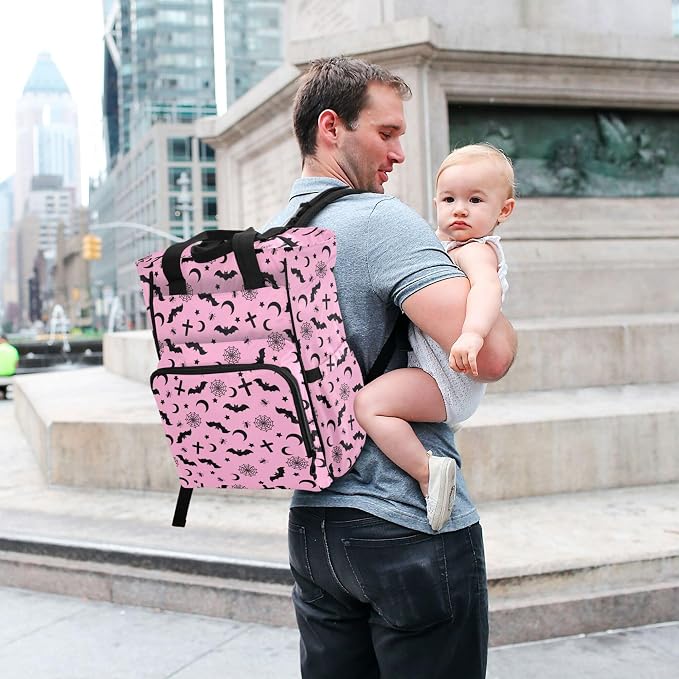Mnsruu Diaper Bag Pink Goth with Bats Large Changing Backpack Multifunction Travel Tote Mommy Bag Baby Diaper Backpack for Mom Dad - Image 6